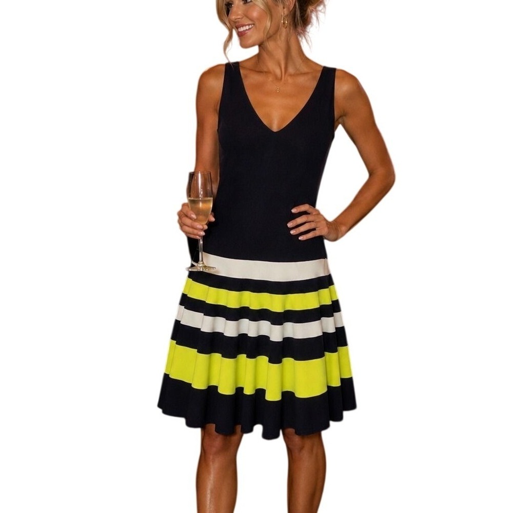 Joseph Ribkoff Navy Blue Neon Yellow Striped V-Neck Fit Flare Dress Size 8